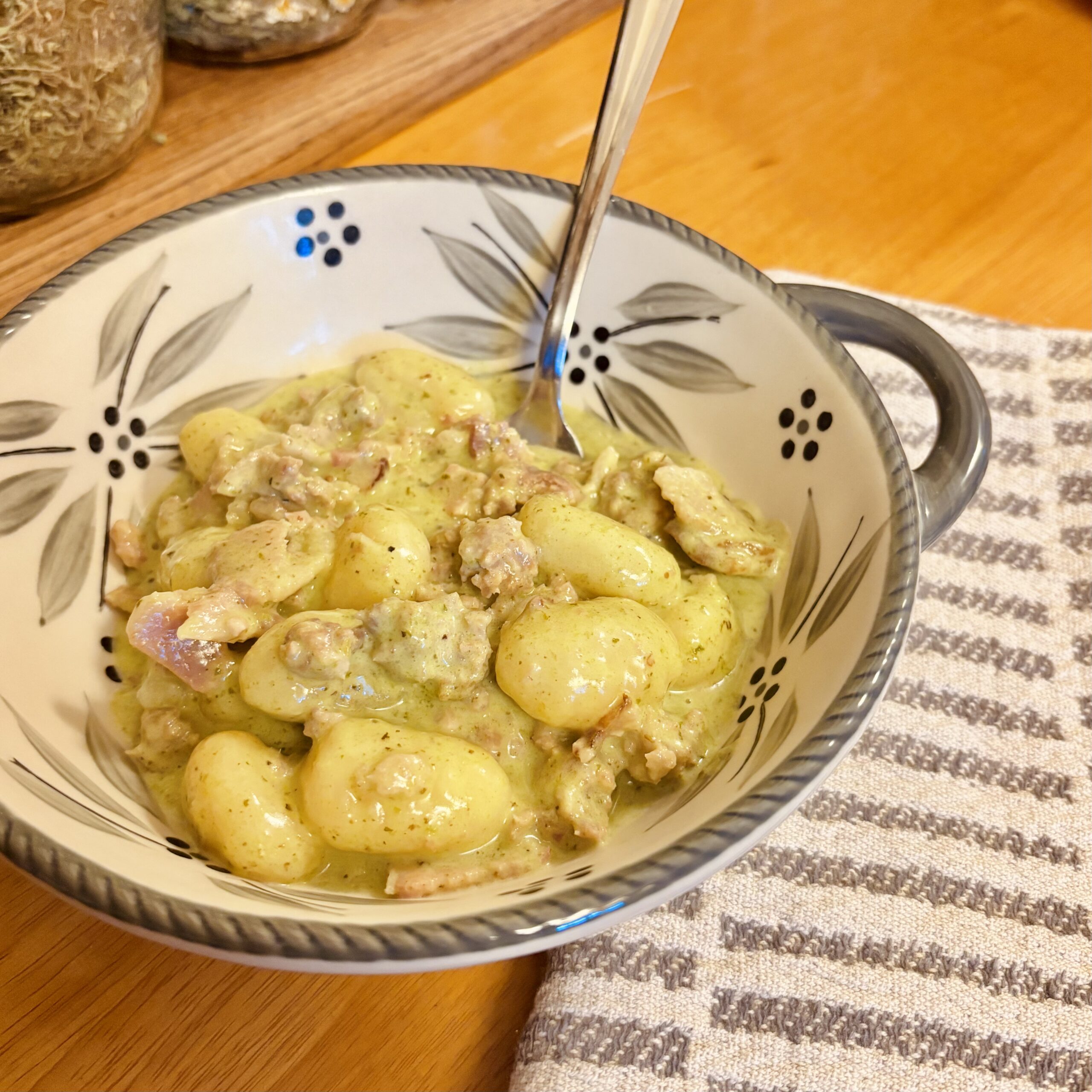 Creamy Pesto Gnocchi with Sausage & Bacon